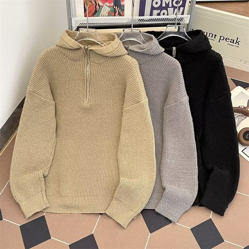 Lazy Style Hooded Sweater Men'S Solid Color Simple All-Match Loose Casual Sweater Jacket Top - Image 2